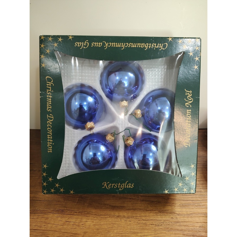 Vtg Germany Kerstglas CHRISTMAS BOXED GLASS ORNAMENTs Shiny Royal Blue  O19